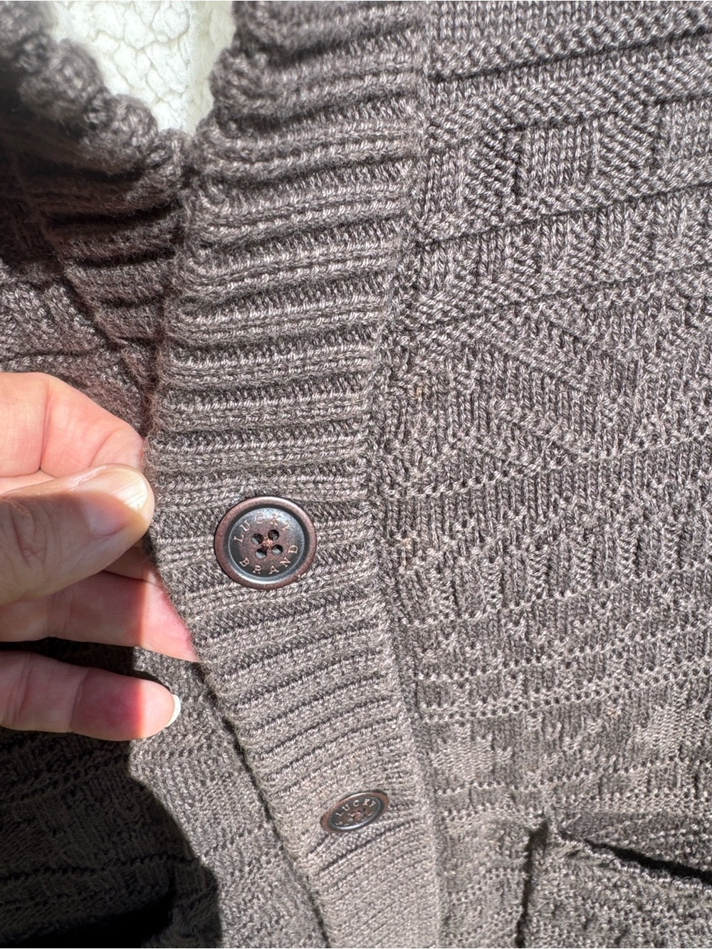 Lucky brand Men’s Sherpa Shawl Grandpa Cardigan sweater Brown large - Picture 3 of 7